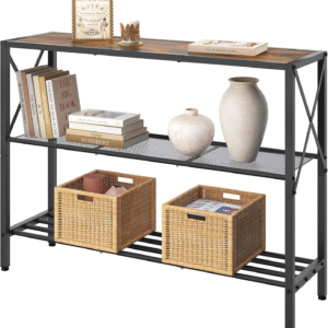 industrial console table, 3 tier entryway table, hallway table, narrow sofa table with shelves, entrance table for entryway, living room, foyer, hallway, office, rustic brown&black