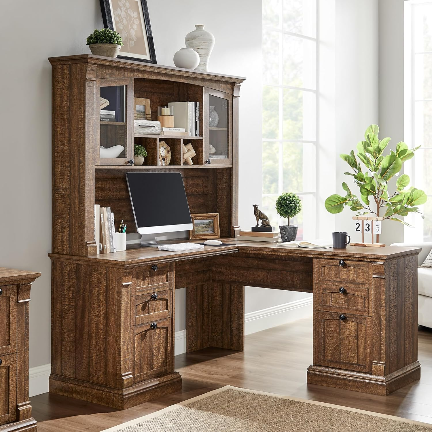 60" l shaped executive desk with hutch and drawers, farmhouse home office desk with charging station, file cabinet storage, wood corner computer desk for work and study, reclaimed barnwood 60" l shaped executive desk with hutch and drawers, farmhouse home office desk with charging station, file cabinet storage, wood corner computer desk for work and study, reclaimed barnwood