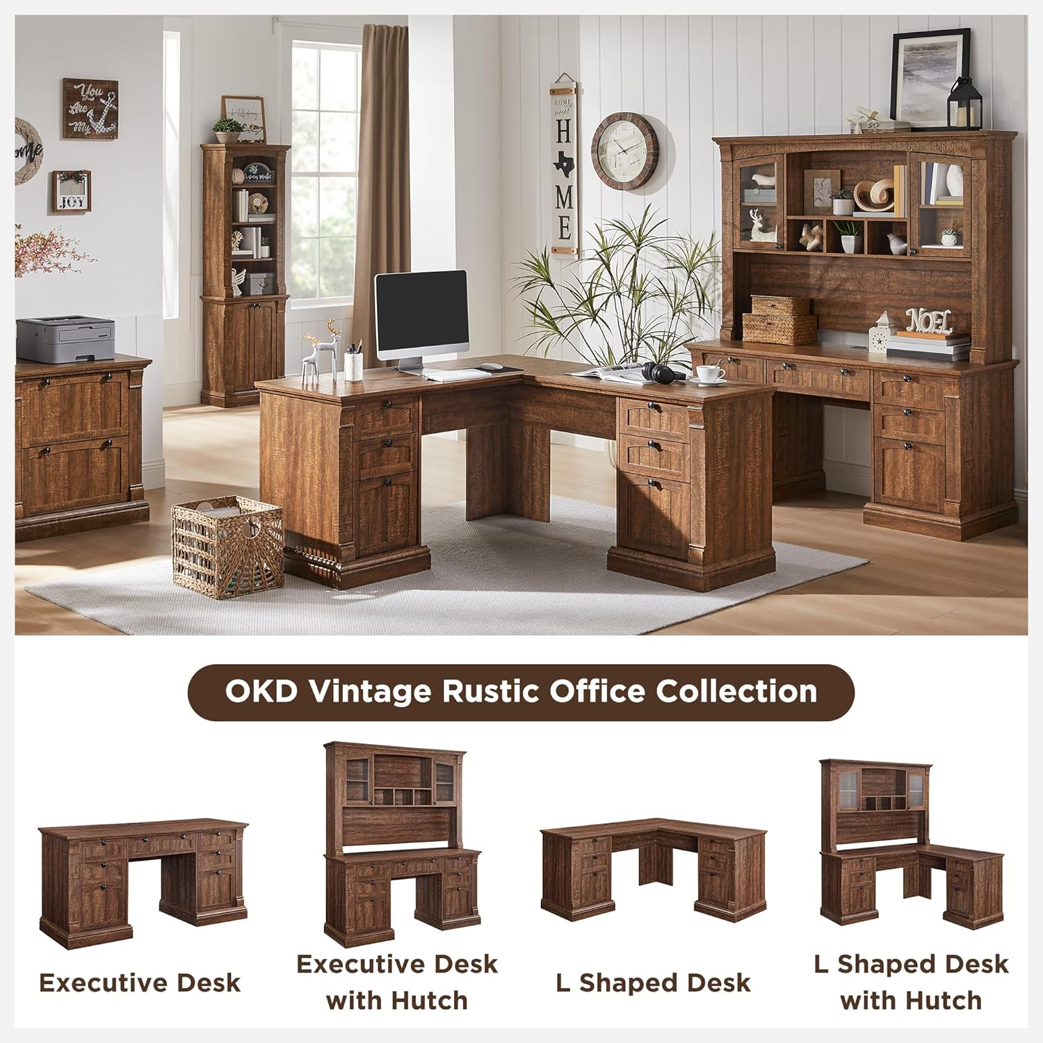 60" l shaped executive desk with hutch and drawers, farmhouse home office desk with charging station, file cabinet storage, wood corner computer desk for work and study, reclaimed barnwood 60" l shaped executive desk with hutch and drawers, farmhouse home office desk with charging station, file cabinet storage, wood corner computer desk for work and study, reclaimed barnwood