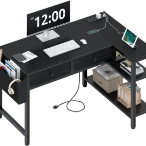 black corner desk for small space with drawers, reversible gaming l shaped computer desk with storage shelves for kids boys, corner work study pc desks for bedroom